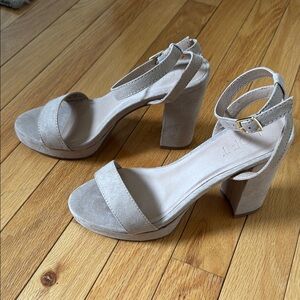 LOFT Taupe Suede Block Heel Ankle Strap Sandals